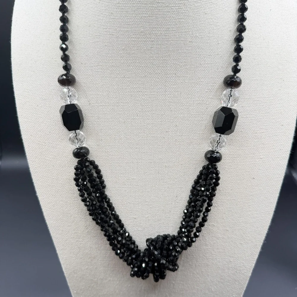 Black Faceted Bead Multi Strand Statement Necklace Knotted Gothic Cocktail Gift